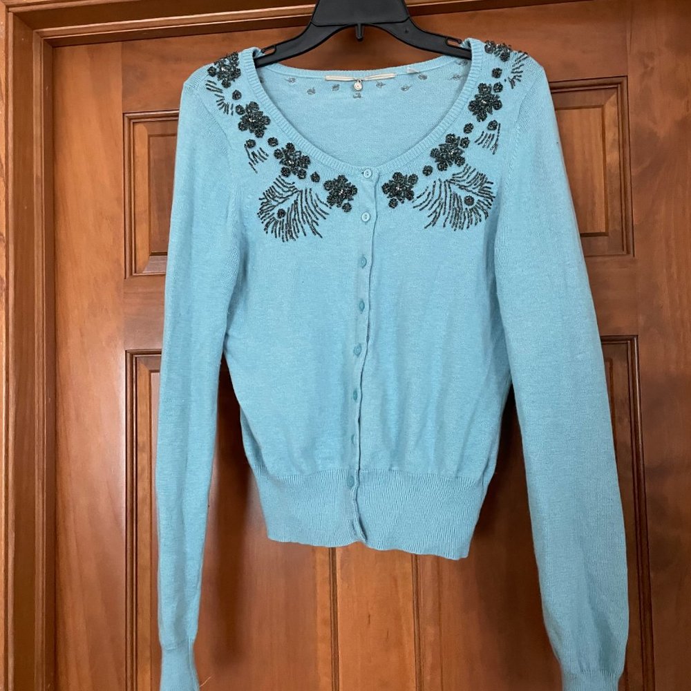 Knitted & Knotted Blue Beaded Cardigan Sz L Anthropologie